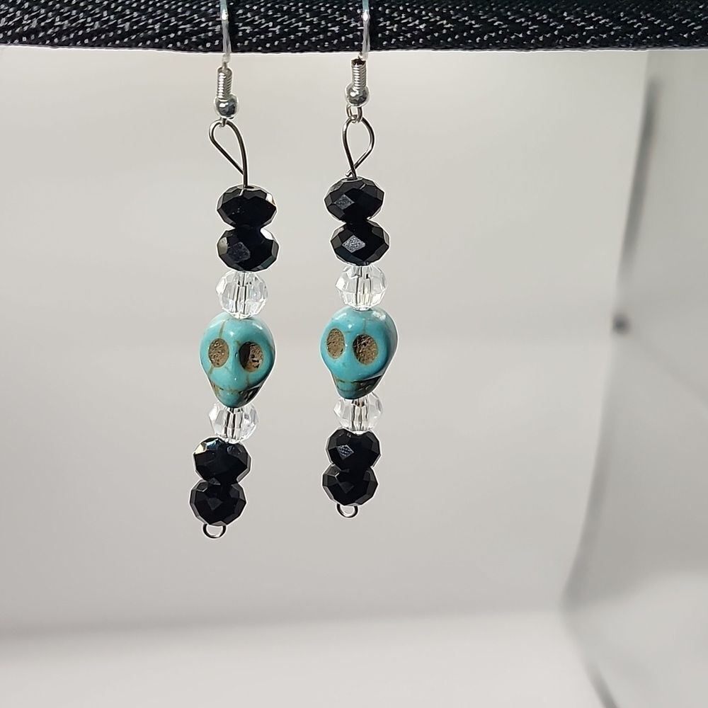 Repurposed custom Handmade blue howlite skulls beaded drop dangle earrings